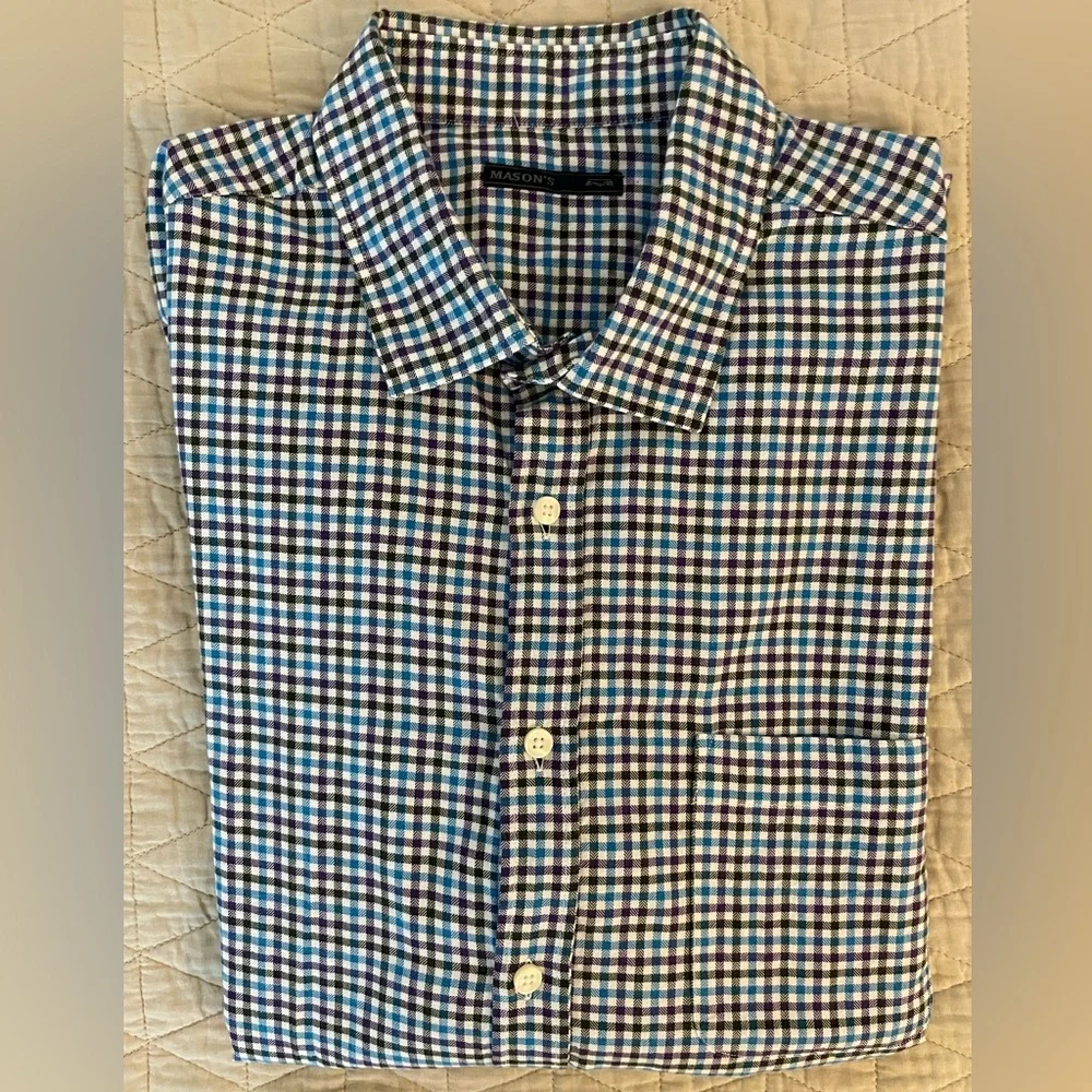 MASON’S Micro Brushed Cotton Mini Check‎ Spread Collar Shirt in Multi Size XXL